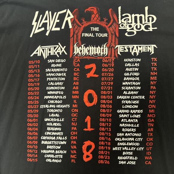 Slayer 2018 The Final Tour USA Shirt 2XL Lamb Of God Testament Anthrax Behemoth - Picture 5 of 5
